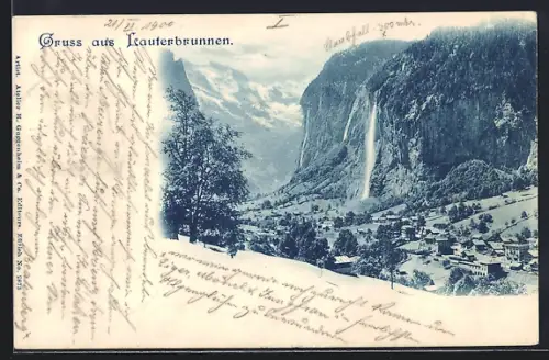 AK Lauterbrunnen, Totalansicht mit Wasserfall aus der Vogelschau