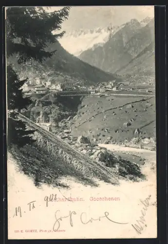 AK Goeschenen, Gotthardbahn, Ortsansicht mit Brücke und Umgebung