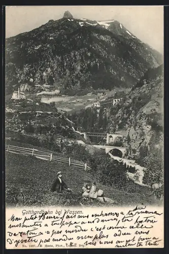 AK Wassen, Panorama mit Gotthardbahn