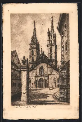 Künstler-AK Basel, Münster mit Eingangstor