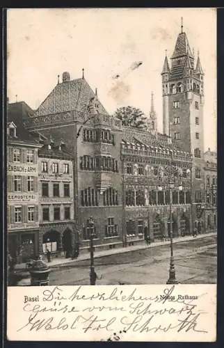 AK Basel, Neues Rathaus mit Strasse
