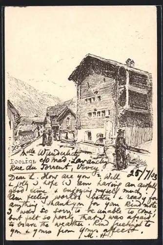 Künstler-AK Evolene, Strassenpartie mit Einwohnern