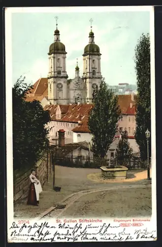 AK St. Gallen, Stiftskirche mit Brunnen, Ortspartie