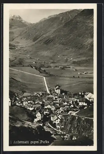 AK Andermatt, Gesamtansicht gegen Furka aus der Vogelschau