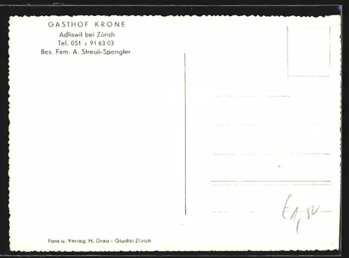 AK Adliswil /Zürich, Gasthof Krone Streuli-Spengler von der Strasse aus