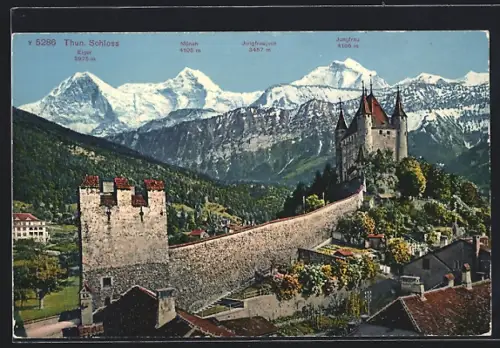 AK Thun, Schloss mit Eiger, Mönch und Jungfrau