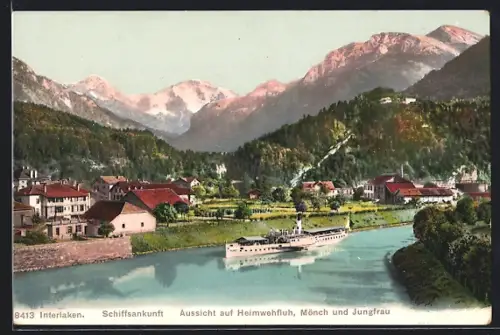 AK Interlaken, Schiffsankunft, Aussicht auf Heimwehfluh, Mönch und Jungfrau
