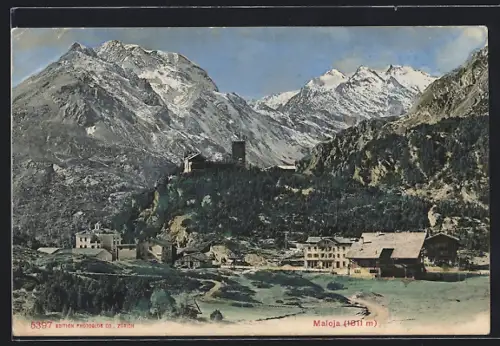 AK Maloja, Ortspartie mit Bergen