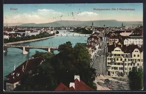 AK Basel, Rheinpanorama mit den drei Rheinbrücken