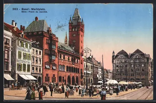 AK Basel, Marktplatz mit Kaffeerösterei Riggenbach z. Arm