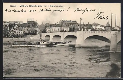 AK Basel, Mittlere Rheinbrücke mit Rheindampfer