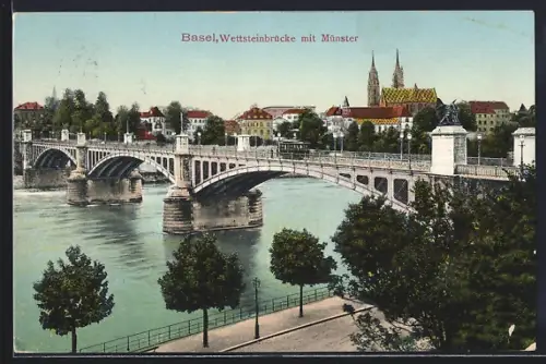 AK Basel, Wettsteinbrücke mit Münster, Strassenbahn