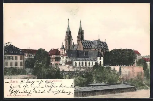 AK Basel, Münster mit Bäumen