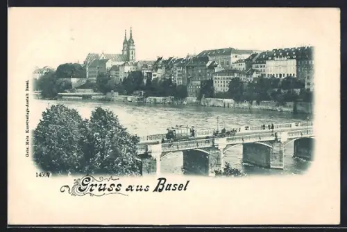 AK Basel, Uferpartie und Brücke mit Strassenbahn