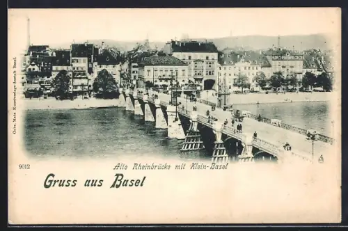 AK Basel, Alte Rheinbrücke mit Klein-Basel