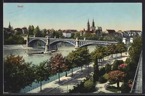 AK Basel, Strassenpartie mit Brücke, Im Hintergrund Kirche