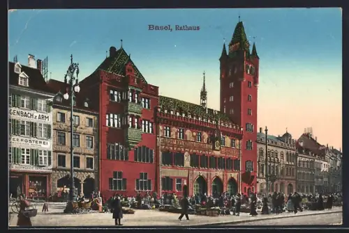 AK Basel, Rathaus mit Kaffeerösterei Riggenbach z. Arm