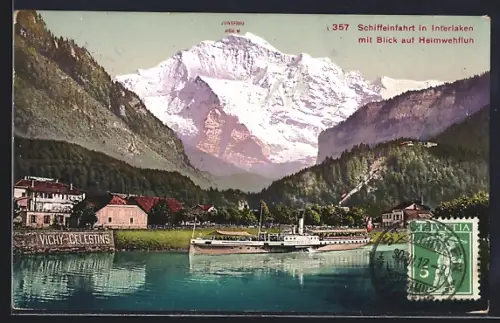 AK Interlaken, Schiffeinfahrt in Interlaken mit Blick auf Heimwehfluh, Dampfer