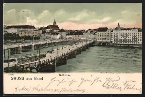 AK Basel, Notbrücke mit Strassenbahn