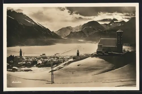 AK Samaden, Teilansicht mit Kirche im Schnee