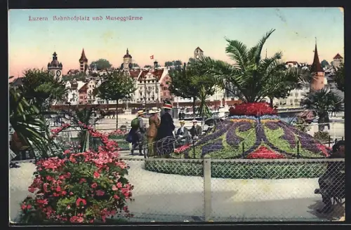 AK Luzern, Bahnhofplatz und Museggtürme