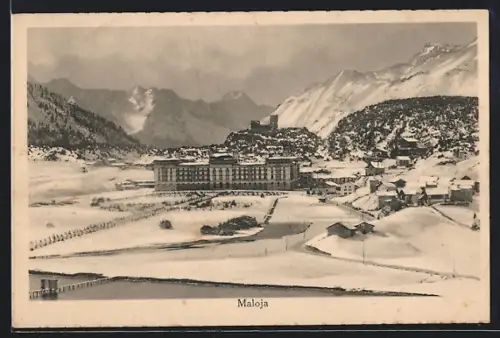AK Maloja, Teilansicht mit Burg im Schnee