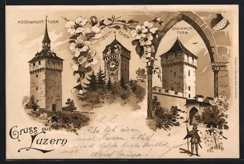 Lithographie Luzern, Hochwacht-Turm, Zeit-Turm und Schirmer-Turm