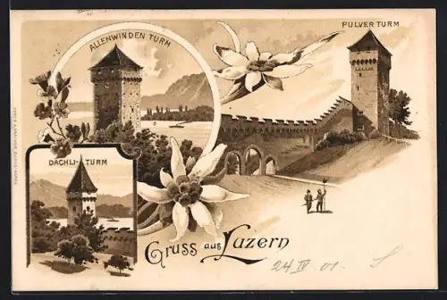Lithographie Luzern, Dächli-Turm, Allenwinden-Turm, Pulverturm