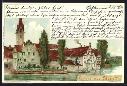 Künstler-AK Stein a. Rhein, Ortsansicht mit Kirche