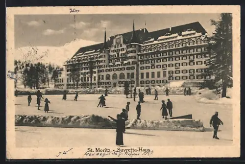 AK St. Moritz, Suvretta-Haus mit Eisläufern