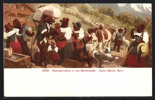 Künstler-AK Bern, Hotel Bären, Wandgemälde in der Bärenstube, Bär mit Kuhherde