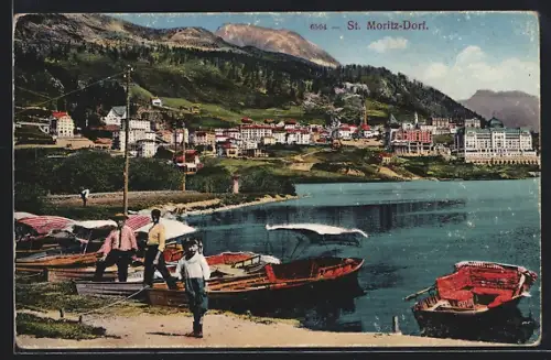 AK St. Moritz-Dorf, Blick auf den Ort vom Ufer