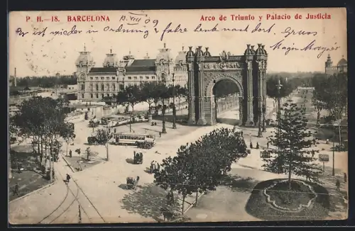 AK Barcelona, Arco de Triunio y Palacio de Justicia, Strassenbahn