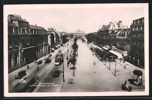 AK Strasbourg, La Place Broglie et le Théâtre, Strassenbahn