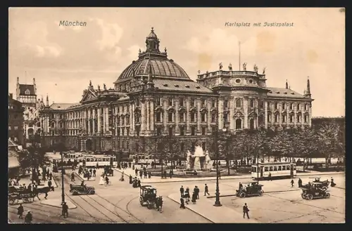 AK München, Karlsplatz mit Justizpalast, Strassenbahn