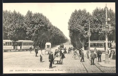 AK Marseille, rond-point et promenade du Prado, Strassenbahnen