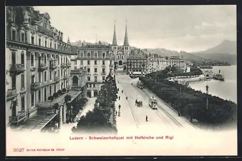 AK Luzern, Schweizerhofquai mit Strassenbahn, Hofkirche und Rigi