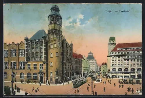 AK Essen, Postamt mit Strassenbahn