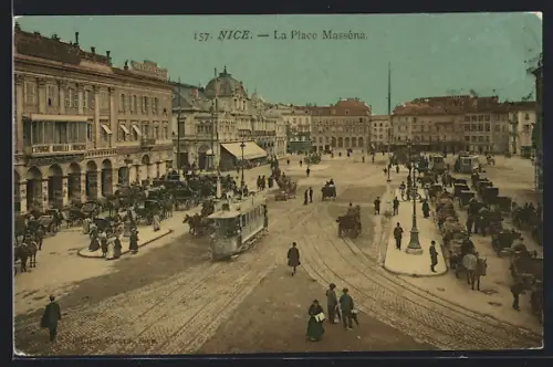 AK Nice, La Place Masséna, Strassenbahn