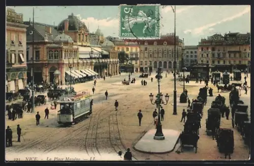 AK Nice, La Place Masséna, Strassenbahn