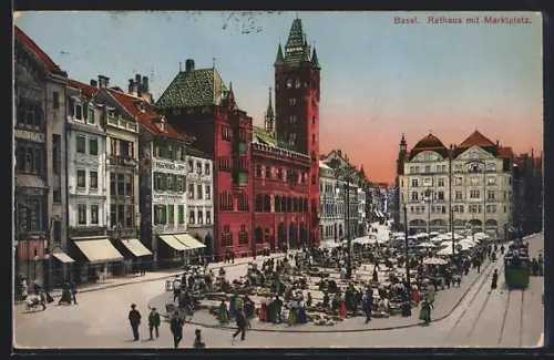 AK Basel, Strassenbahn am Marktplatz mit Rathaus