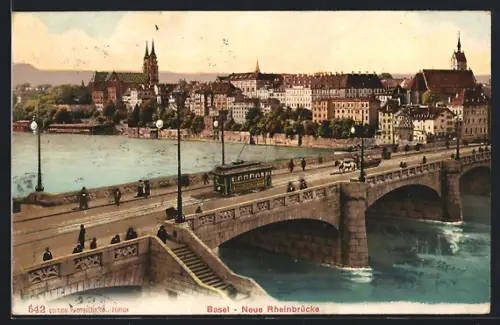 AK Basel, Neue Rheinbrücke mit Strassenbahn und Pferdegespann