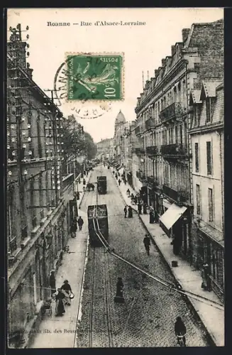 AK Roanne, Rue d`Alsace-Lorraine, Strassenbahn