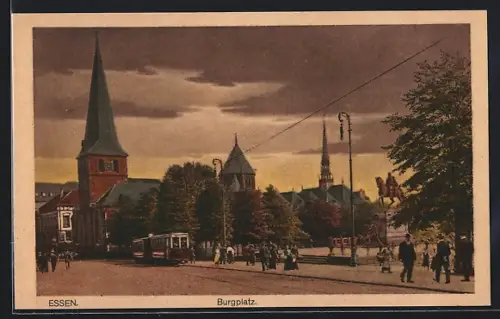 AK Essen, Burgplatz mit Kirche und Strassenbahn