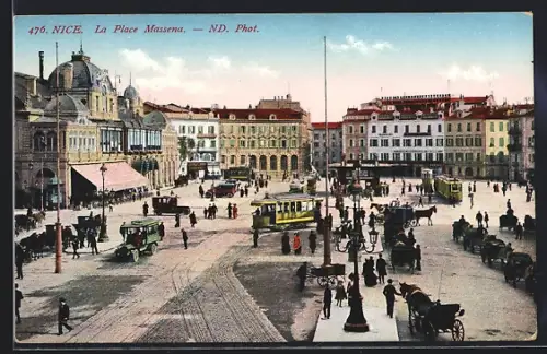 AK Nice, La Place Massena, Strassenbahn