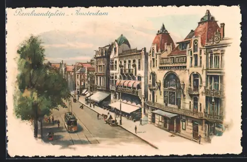 Künstler-AK Amsterdam, Rembrandtplein, Strassenbahn