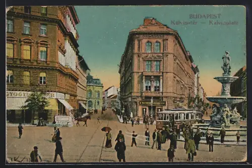 AK Budapest, Kalvinplatz mit Strassenbahn