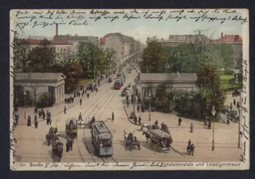 AK Berlin, Potsdamerplatz und Leipzigerstrasse mit Strassenbahn