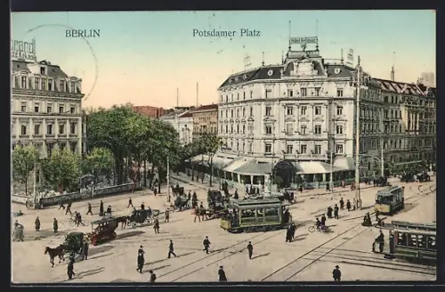 AK Berlin, Hotel Bellevue am Potsdamer Platz mit Strassenbahn