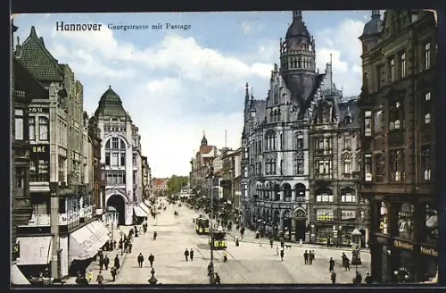 AK Hannover, Georgstrasse mit Passage und Strassenbahn